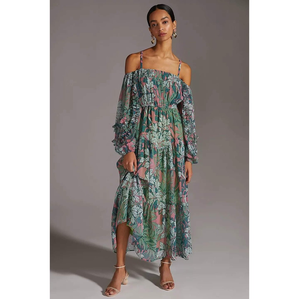 Anthropologie Let Me Be Floral Maxi Dress Green Boho Off The Shoulder Size Large